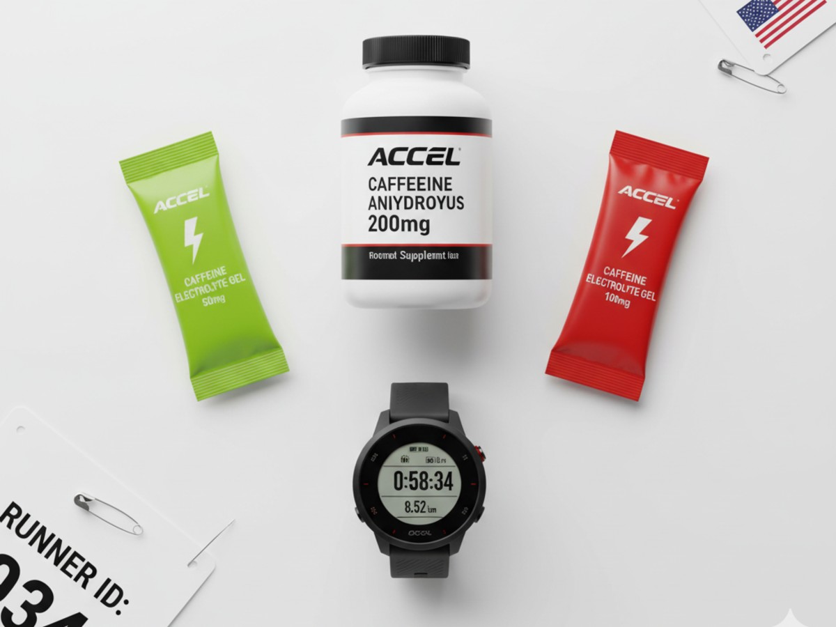 マラソン用カフェイン戦略：錠剤とカフェイン入りジェルのフラットレイ
