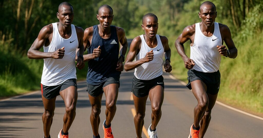 4人のエリートアフリカ人ランナーがロードでトレーニング中の様子