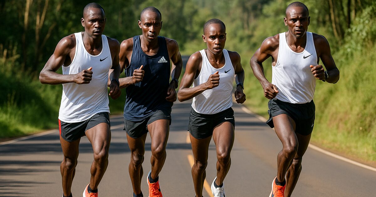 4人のエリートアフリカ人ランナーがロードでトレーニング中の様子