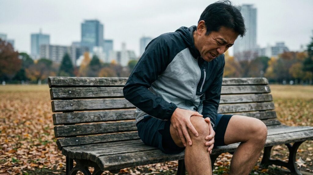 膝の痛みに悩む50代男性ランナーの様子。サブ3.5を目指す上での不安。