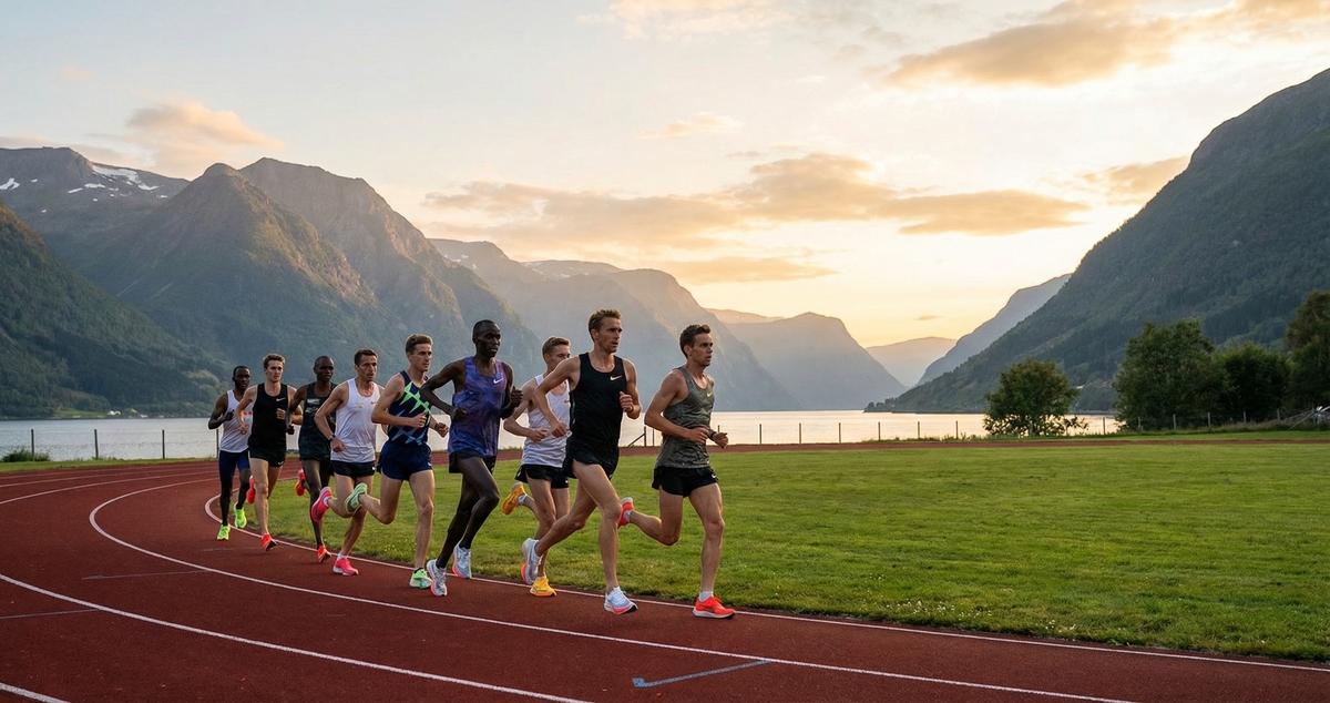 ノルウェーの雄大な山々を背景にトラックで集団トレーニングを行うエリートランナーたち。インゲブリクトセン兄弟を彷彿とさせる長距離走の練習風景。