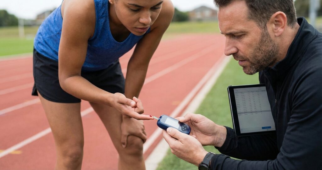 トラック上でランナーの指先から採血し、ポータブル乳酸測定器で数値をチェックするコーチの様子。閾値(LT値)トレーニングにおける乳酸管理のクローズアップ。
