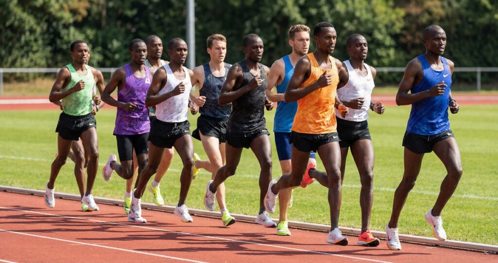 一列になってトラックを走るランナーの集団。フォームが整っており、余裕を持った一定のペースで閾値インターバル走(ダブル・スレッショルド)を行っている様子。