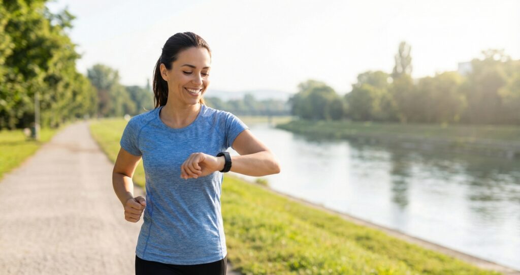 河川敷のランニングコースで、練習後に笑顔でスマートウォッチを確認する女性ランナー。余裕を残してトレーニングを終えた充実した表情。