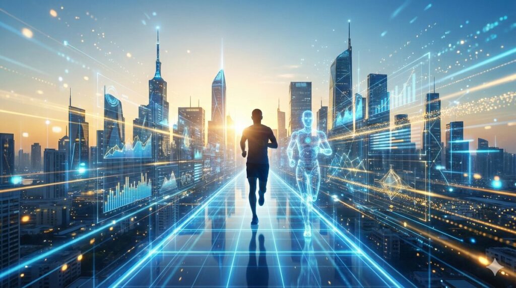 テクノロジーが進んだ都市のスカイラインに昇る太陽に向かって、自信に満ちたランナーのシルエットが光る道を全力疾走している。