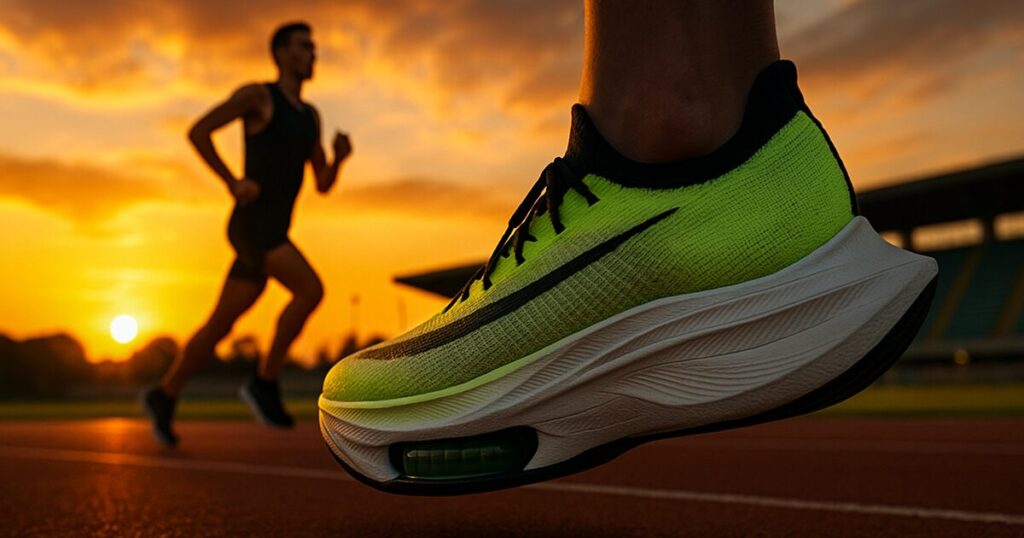 夕暮れのトラックを走るランナーと厚底シューズ(アルファフライ3風)のクローズアップ (コンセプト:実際にシューズの恩恵を受けて走るランナーの情熱と、シューズの特徴である厚底部分をクローズアップ。共感性と具体的なイメージを喚起。)
