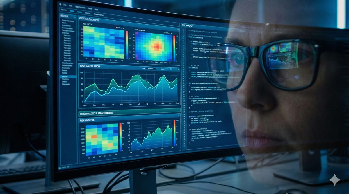 マラソントレーニングのVDOT計算やリスク分析を行う、高度なAIプログラムの画面イメージ。