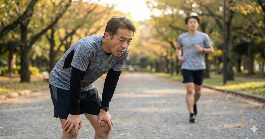 ランニング中に息を切らして立ち止まる中年男性ランナーと、軽く追い抜く若者。年齢による回復力の違いと疲労。