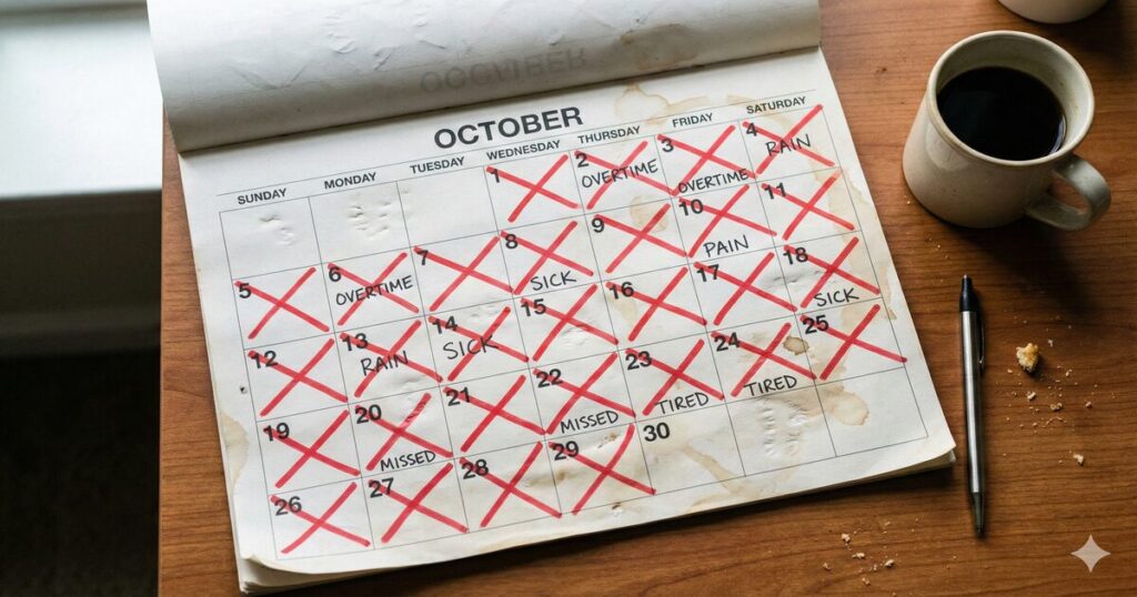 残業や雨で予定変更の書き込みだらけになったマラソントレーニングのカレンダーと手帳。計画倒れの悩み。