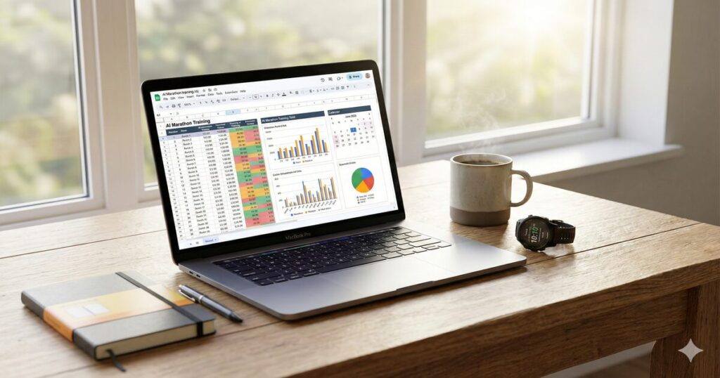 ノートパソコンの画面に表示された、AIとVDOT理論に基づいて作成された美しく整理されたマラソントレーニング計画表。