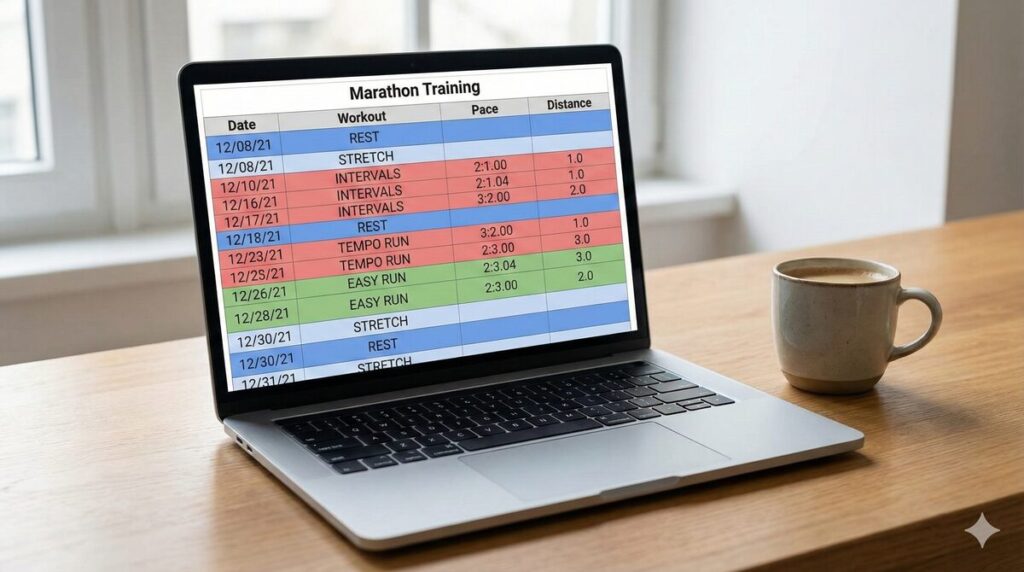 AIによって作成された、色分けされて見やすいマラソン週間トレーニング計画表のイメージ。