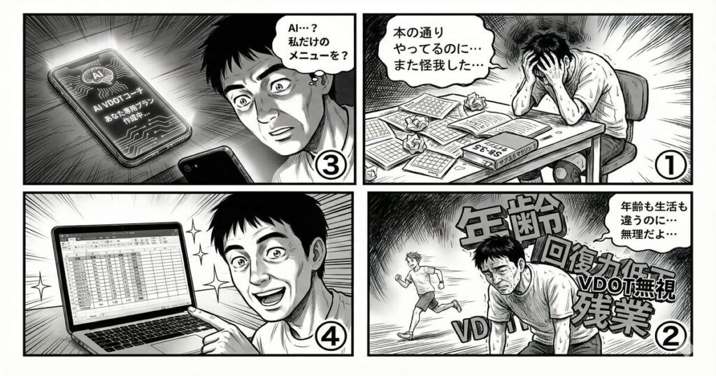 マラソントレーニングの挫折からAIコーチによる自分専用メニュー作成までの流れを描いた4コマ漫画。市販本の限界とVDOT理論による解決。