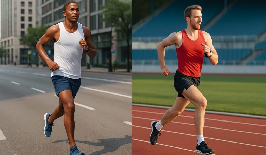 トラックを走るランナーと都市を走るマラソンランナーの対比イメージ