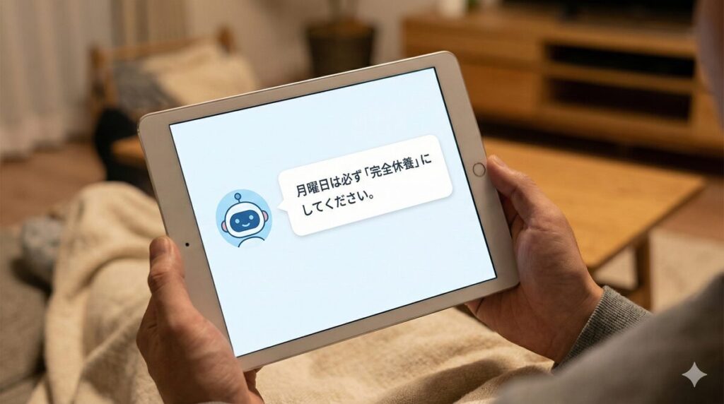 AIコーチがランナーに対して「完全休養」をアドバイスしているチャット画面のイメージ。