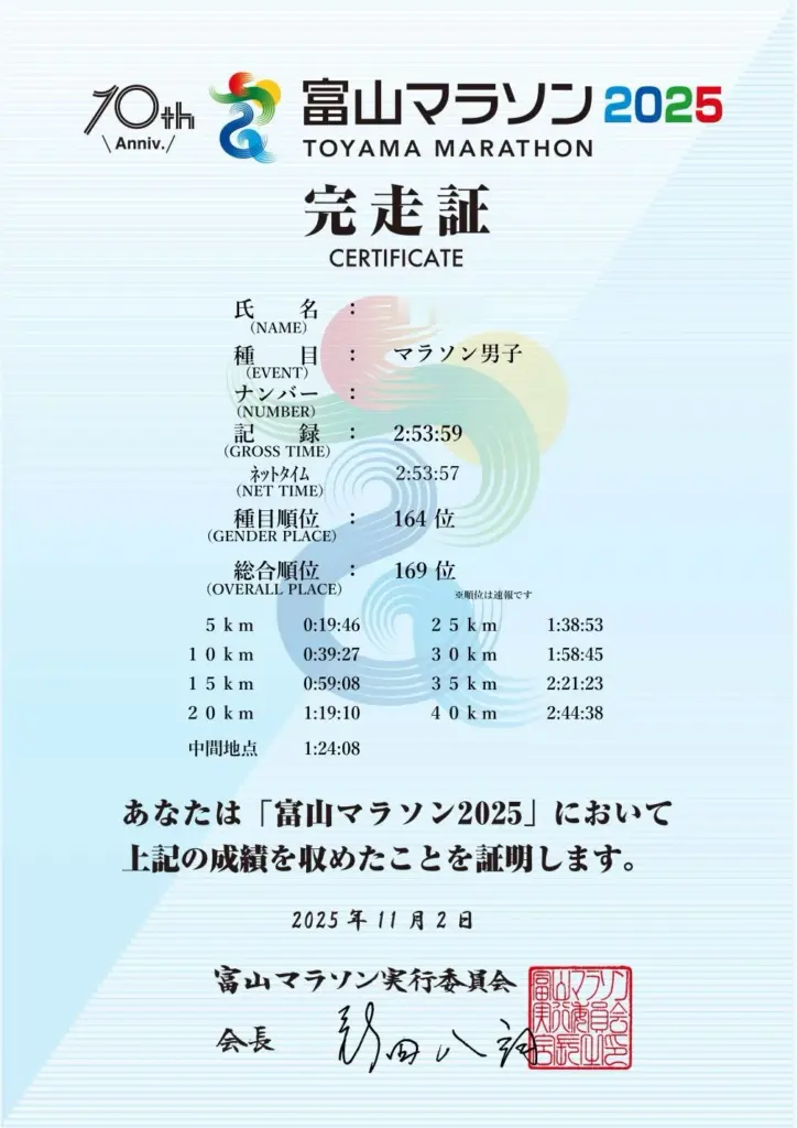 完走証:富山マラソン2025 グロスタイム2:53:59(30km=1:58:45)