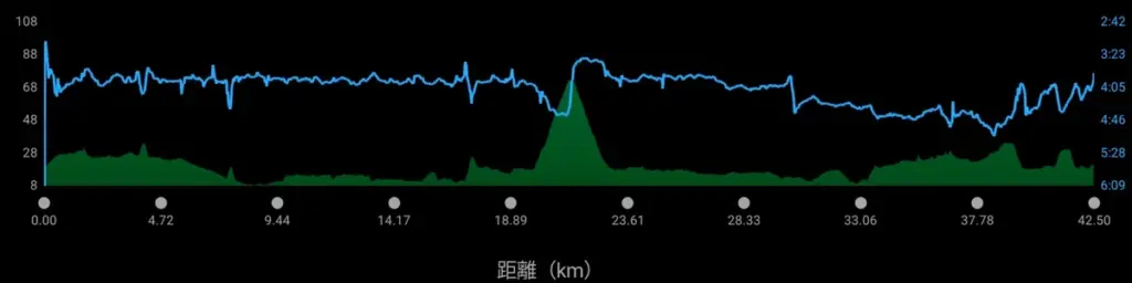 ペース(青)と高低差(緑)の推移グラフ|富山マラソン2025(距離0–42.5km)