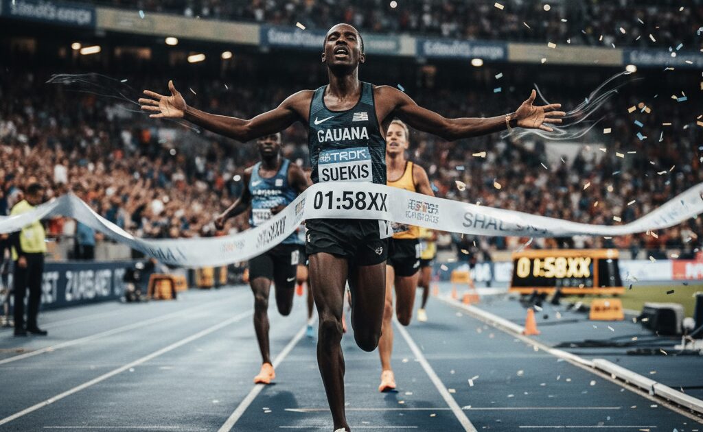 ゴールラインを駆け抜けるランナー(FINISHを踏み切る瞬間)