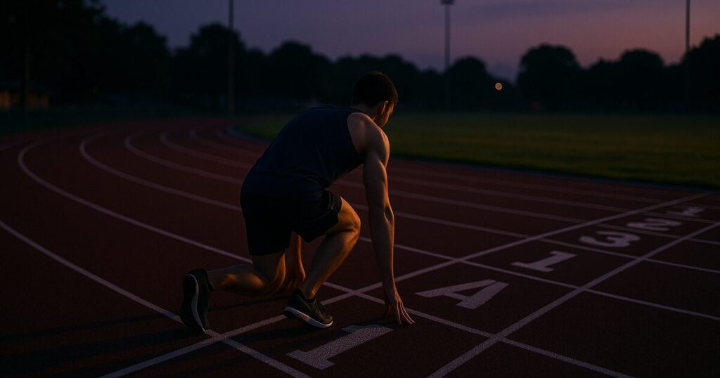 夜明け前のスタートラインに立つランナー