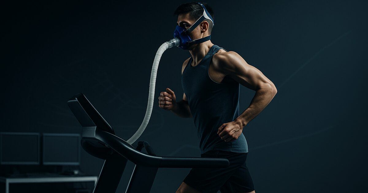 呼気マスクを装着してトレッドミルで走る長距離ランナー(スポーツ科学ラボの計測イメージ)