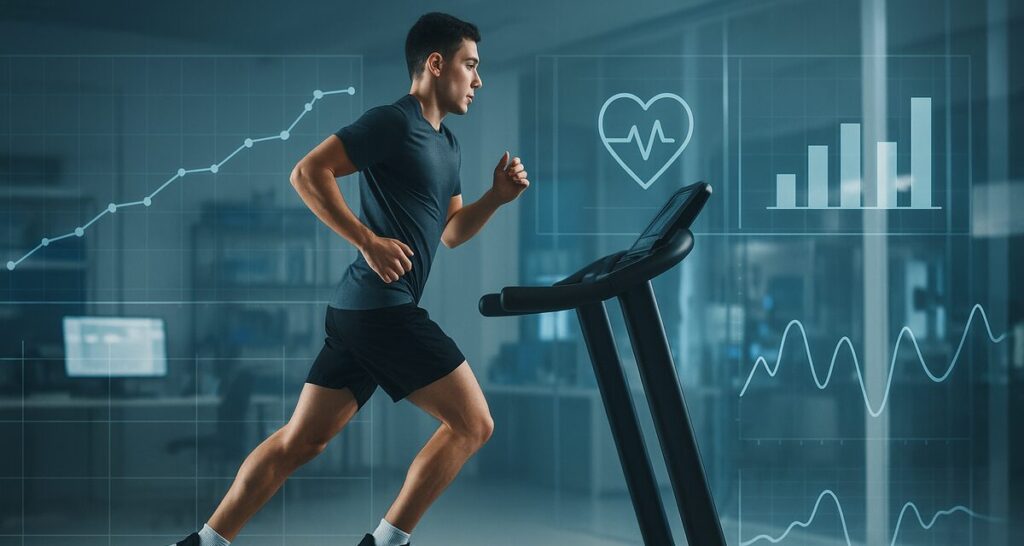 実験室での科学的な検証風景とランニングデータ (コンセプト:論文の科学的根拠に基づいていることを示すため、トレッドミルで走るランナーと、データやグラフを重ねたイメージ。信頼性と客観性を表現。)