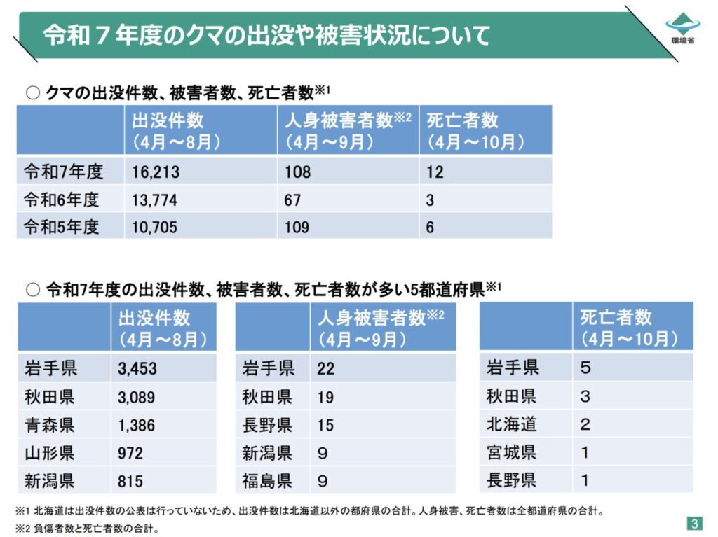 令和７年度のクマの出没や被害状況について｜環境省　クマ被害対策等について2025年10月30日