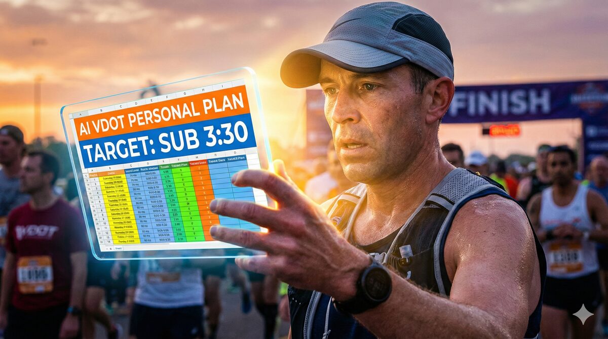 空中に浮かぶ、光り輝く未来的な半透明タブレットを掴もうと手を伸ばすランナーの手のダイナミックなクローズアップ。