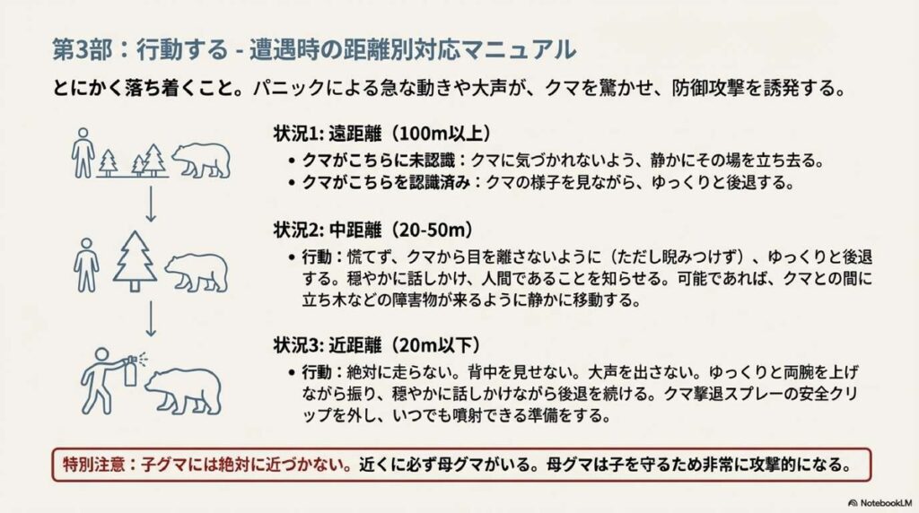 熊との遭遇距離別対応マニュアル（遠距離・中距離・近距離）