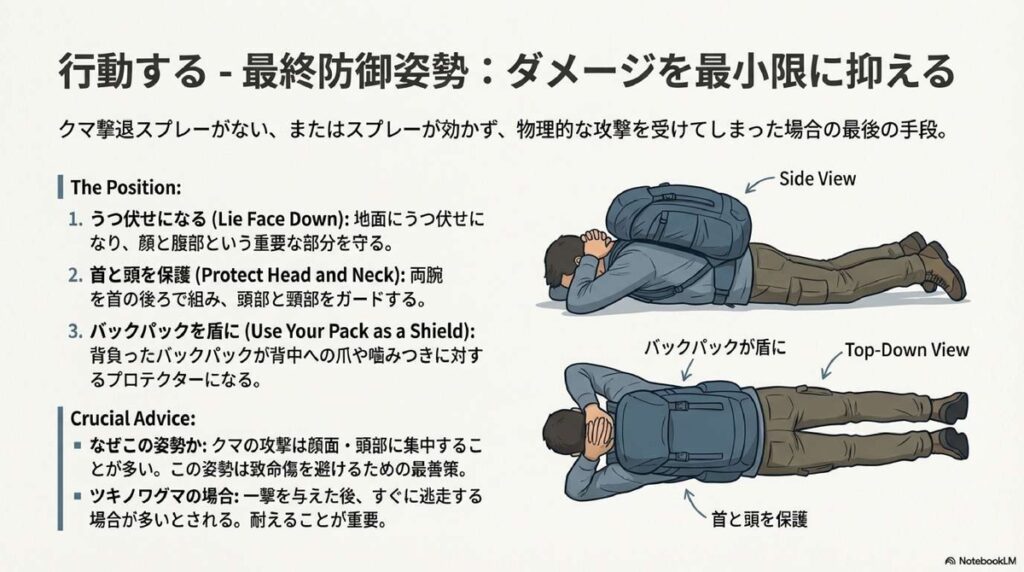 最終防御姿勢（うつ伏せ・首ガード・バックパック防御）の図解