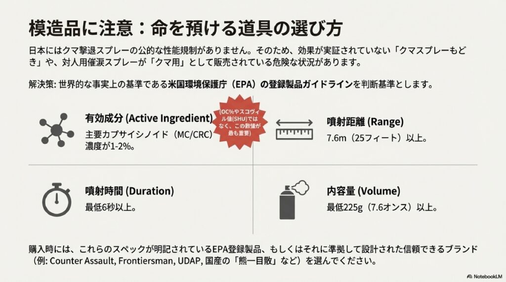 熊撃退スプレーの選べ方ガイド、有効成分、噴射距離、噴射時間、内容量がEPA準拠であること