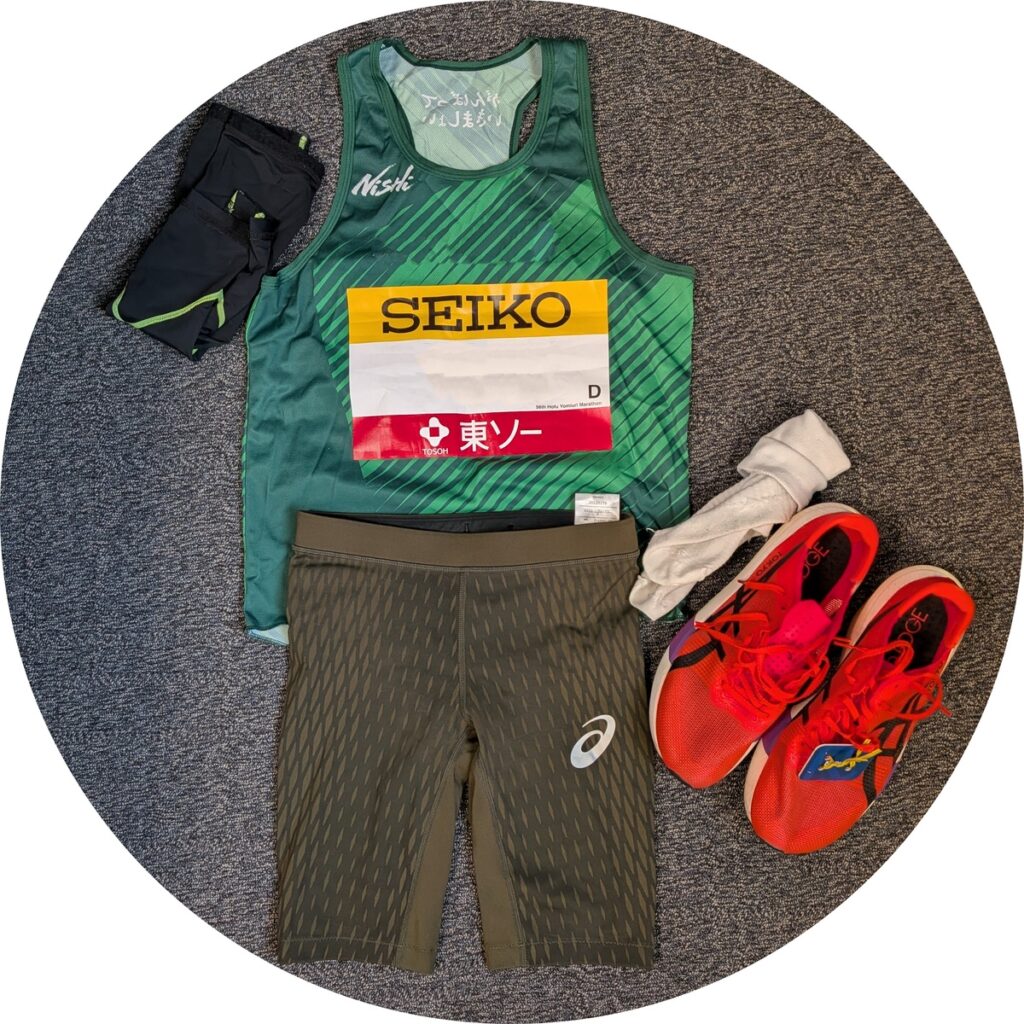 Nishiシングレット、アシックスMOTION MUSCLE SUPPORTスピードポケットタイツ、アームカバー、メタスピードエッジトーキョー