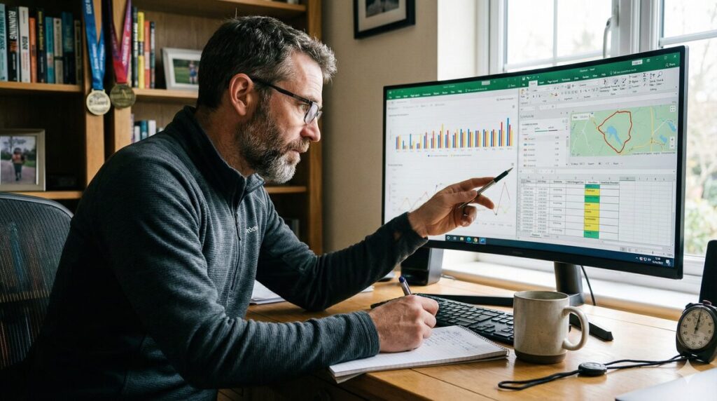 AIが作成したマラソントレーニングデータを、人間のプロコーチが真剣にチェック・修正している様子。