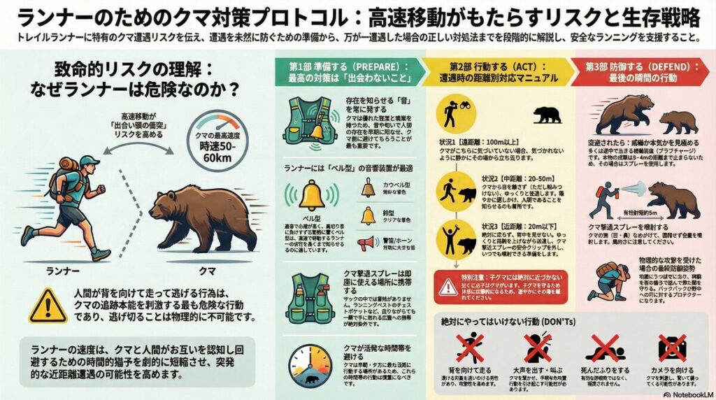 NotebookLMで出力したランナーのための熊対策プロトコルのインフォグラフィック