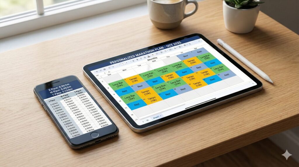 タブレットとスマートフォンに表示された、パーソナライズされたマラソントレーニングカレンダーとペース設定表のイメージ。