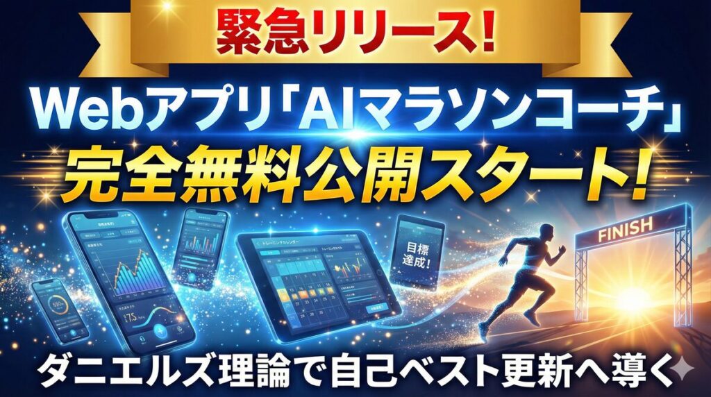 【緊急リリース！】Webアプリ「AIマラソンコーチ」が完全無料公開スタート！ダニエルズ理論で自己ベスト更新へ導く。青とゴールドの輝く光を背景に、アプリのトレーニング画面のホログラムと、朝焼けのFINISHゲートに向かって疾走するランナーのシルエットが描かれた、インパクトのある告知バナー画像。