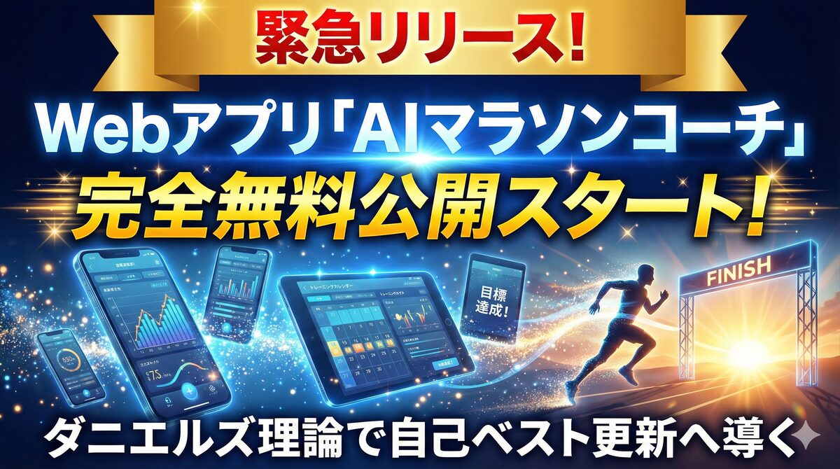 【緊急リリース!】Webアプリ「AIマラソンコーチ」が完全無料公開スタート!ダニエルズ理論で自己ベスト更新へ導く。青とゴールドの輝く光を背景に、アプリのトレーニング画面のホログラムと、朝焼けのFINISHゲートに向かって疾走するランナーのシルエットが描かれた、インパクトのある告知バナー画像。