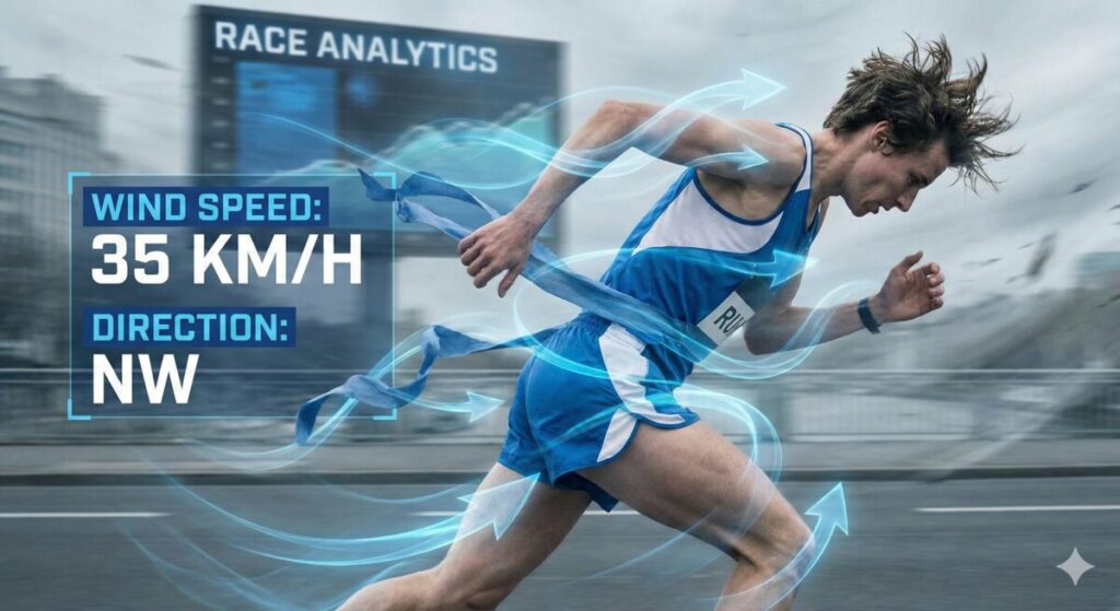 marathon runner battling strong headwind, hair and clothes blowing dramatically, digital wind speed data overlay, blue energy trails showing wind direction, modern sports analytics style, dynamic composition, blue and white color scheme