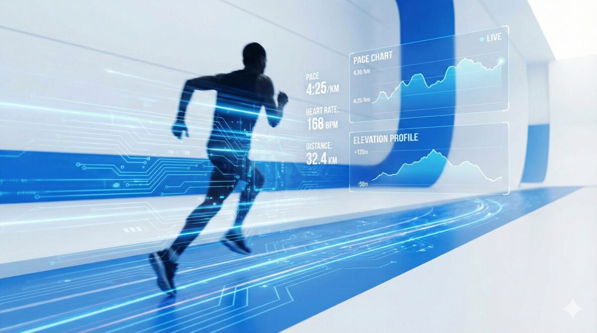 marathon runner silhouette with digital data overlay, pace chart and elevation profile floating around, blue glowing tech elements, modern sports analytics concept, clean minimalist style, dynamic motion blur, white and blue color scheme.