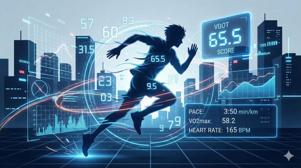 scientific diagram showing runner with oxygen molecules and performance metrics, VO2max and VDOT comparison visualization, clean infographic style, blue and teal colors, educational illustration