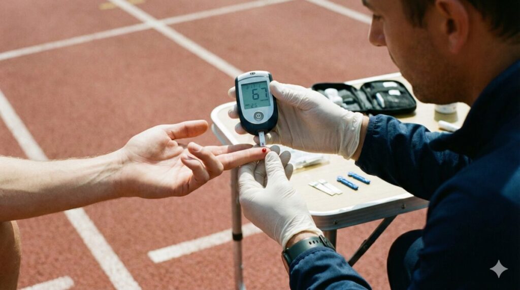 コーチがランナーの乳酸値を測定している場面