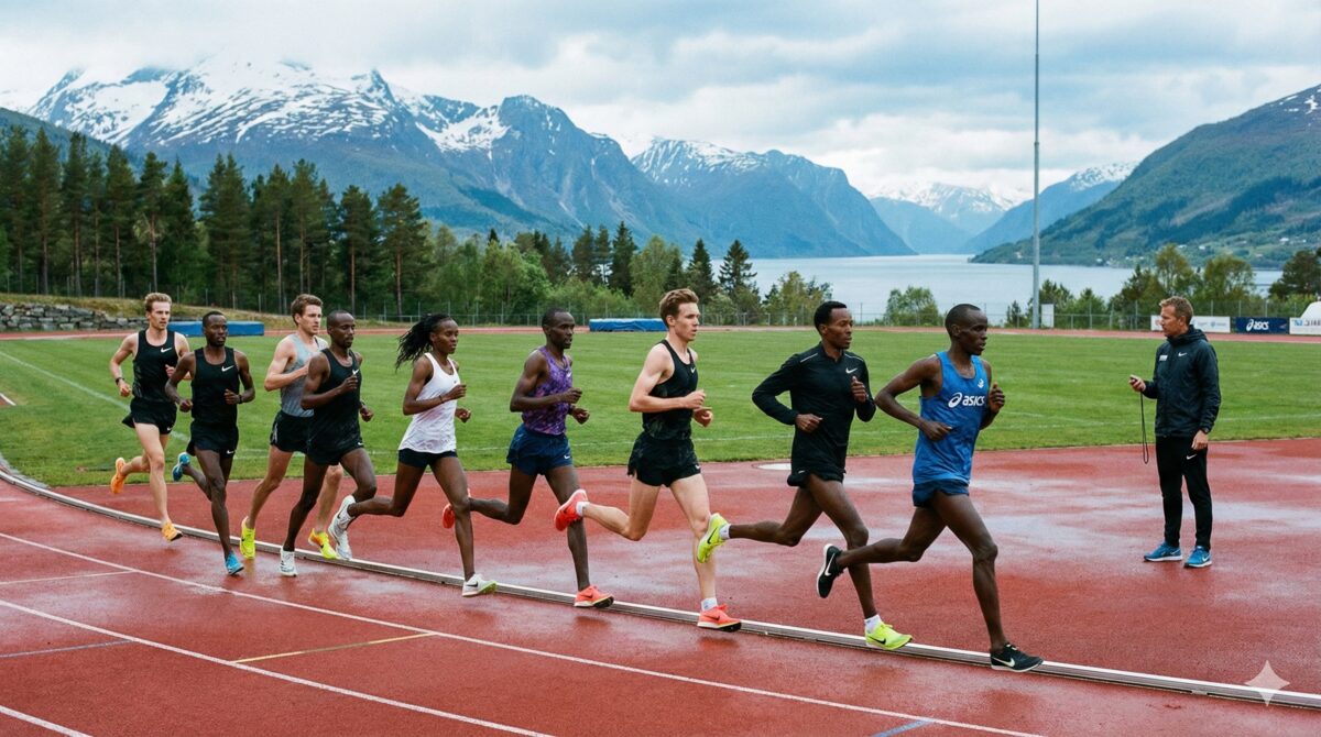 一列で閾値ペースを維持しながらトラックを走るランナー集団