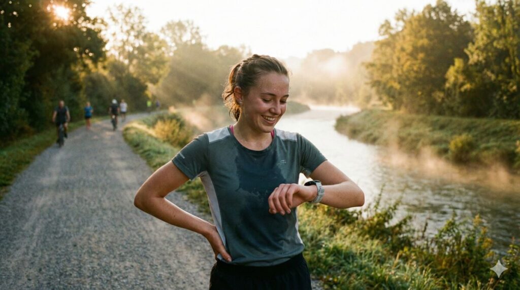 練習後にウォッチを確認する市民ランナー(余裕の表情)