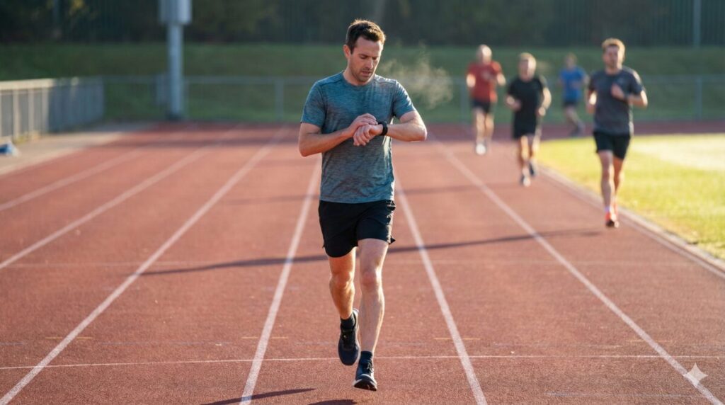 トラックでLTインターバルに取り組む市民ランナー。きついが余裕を残している表情、GPSウォッチをチラ見する仕草