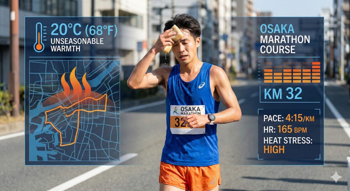 暑さの中を走るランナーと、温度計・データ分析のイメージを組み合わせ、科学的アプローチを表現