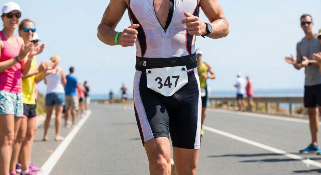 ゼッケンベルトを腰に巻いたランナーの写真。ゼッケン下部が風でめくれている