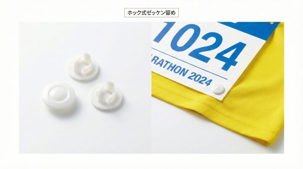 ホック式ゼッケン留めの表面と裏面。ウェアをボタンで挟み込む仕組み