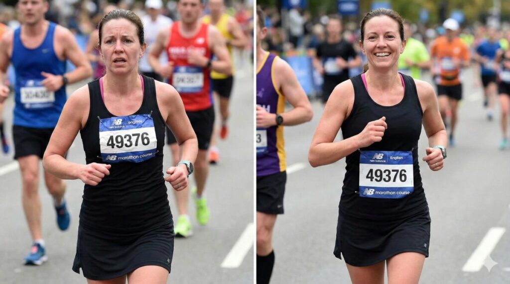 マラソンゼッケンを付けた若い女性ランナー 左側はゼッケンを胸部に安全ピンで留めて走っている様子。ゼッケンが大きめで少し窮屈そう。 右側はゼッケンを腹部に安全ピンで留めて走っている様子。ゼッケンは適切な位置で、嬉しげな様子。