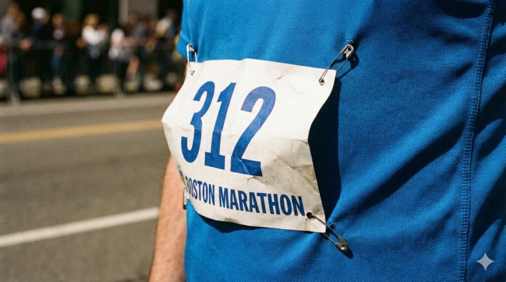 安全ピン4本でゼッケンを留めた状態。中央部分がウェアから浮いている