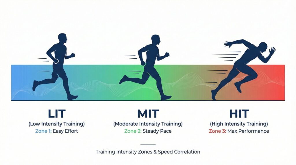 「強度分布:なぜ8割は低強度なのか」H2直下 意図: 3つの強度ゾーンを視覚的に表現