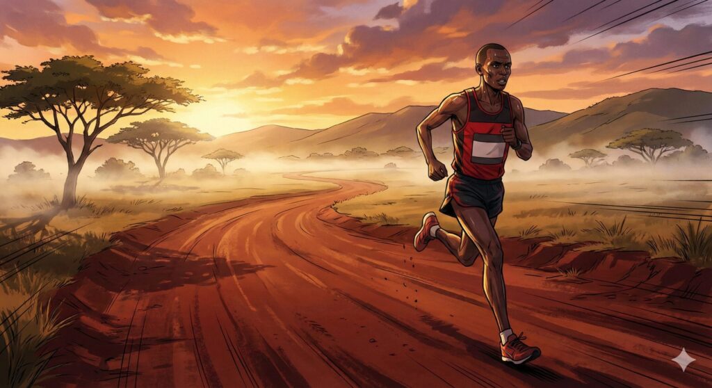 「キプチョゲに学ぶ」H2直下 意図: キプチョゲ風のエリートランナーの力強いトレーニング姿