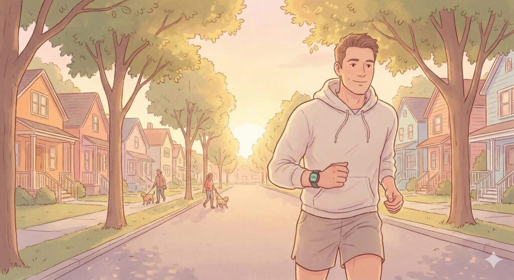 「市民ランナーへの実践ガイド」H2直下 意図: 市民ランナーが朝ジョグしている親しみやすいイメージ